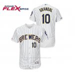 Camiseta Beisbol Hombre Milwaukee Brewers Yasmani Grandal 150th Aniversario Patch Autentico Flex Base Blanco Azul