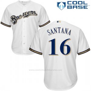 Camiseta Beisbol Hombre Milwaukee Brewers Domingo Santana Blanco Autentico Coleccion Cool Base Custom