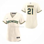 Camiseta Beisbol Mujer Milwaukee Brewers Caleb Durbin Primera Replica Crema