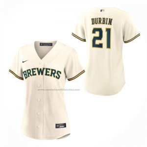 Camiseta Beisbol Mujer Milwaukee Brewers Caleb Durbin Primera Replica Crema
