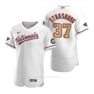 Camiseta Beisbol Hombre Washington Nationals Stephen Strasburg Gold-Trimmed Championship Autentico Blanco
