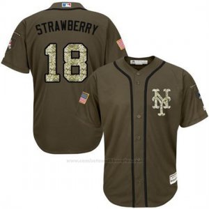 Camiseta Beisbol Hombre New York Mets 18 Darryl Strawberry Verde Salute To Service
