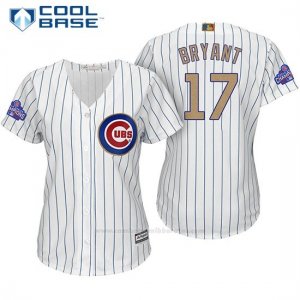 Camiseta Beisbol Mujer Chicago Cubs 17 Kris Bryant Blanco Oro Program Cool Base