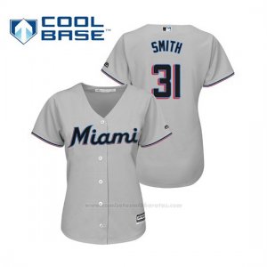 Camiseta Beisbol Mujer Miami Marlins Caleb Smith Cool Base Majestic Road 2019 Gris