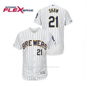 Camiseta Beisbol Hombre Milwaukee Brewers Travis Shaw 150th Aniversario Patch Autentico Flex Base Blanco Azul