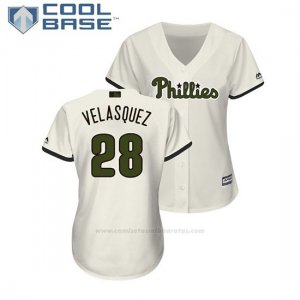 Camiseta Beisbol Mujer Philadelphia Phillies Vince Velasquez 2018 Dia de los Caidos Cool Base Crema