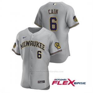 Camiseta Beisbol Hombre Milwaukee Brewers Lorenzo Cain Autentico 2020 Road Gris