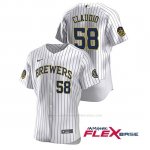 Camiseta Beisbol Hombre Milwaukee Brewers Alex Claudio Autentico 2020 Primera Blanco