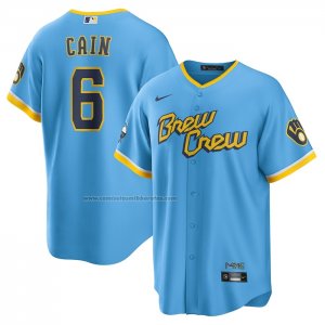 Camiseta Beisbol Hombre Milwaukee Brewers Lorenzo Cain 2022 City Connect Replica Azul