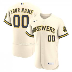 Camiseta Beisbol Hombre Milwaukee Brewers Primera Autentico Personalizada Crema1