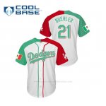 Camiseta Beisbol Hombre Los Angeles Dodgers Walker Buehler Mexican Heritage Night Cool Base Blanco