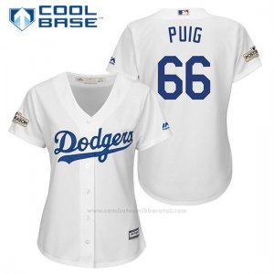 Camiseta Beisbol Mujer Los Angeles Dodgers 2017 Postemporada Yasiel Puig Blanco Cool Base