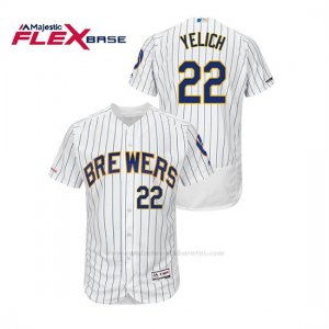 Camiseta Beisbol Hombre Milwaukee Brewers Christian Yelich 150th Aniversario Patch Autentico Flex Base Blanco Azul