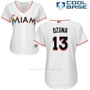 Camiseta Beisbol Mujer Miami Marlins 13 Marcell Ozuna Blanco Autentico Coleccion Cool Base
